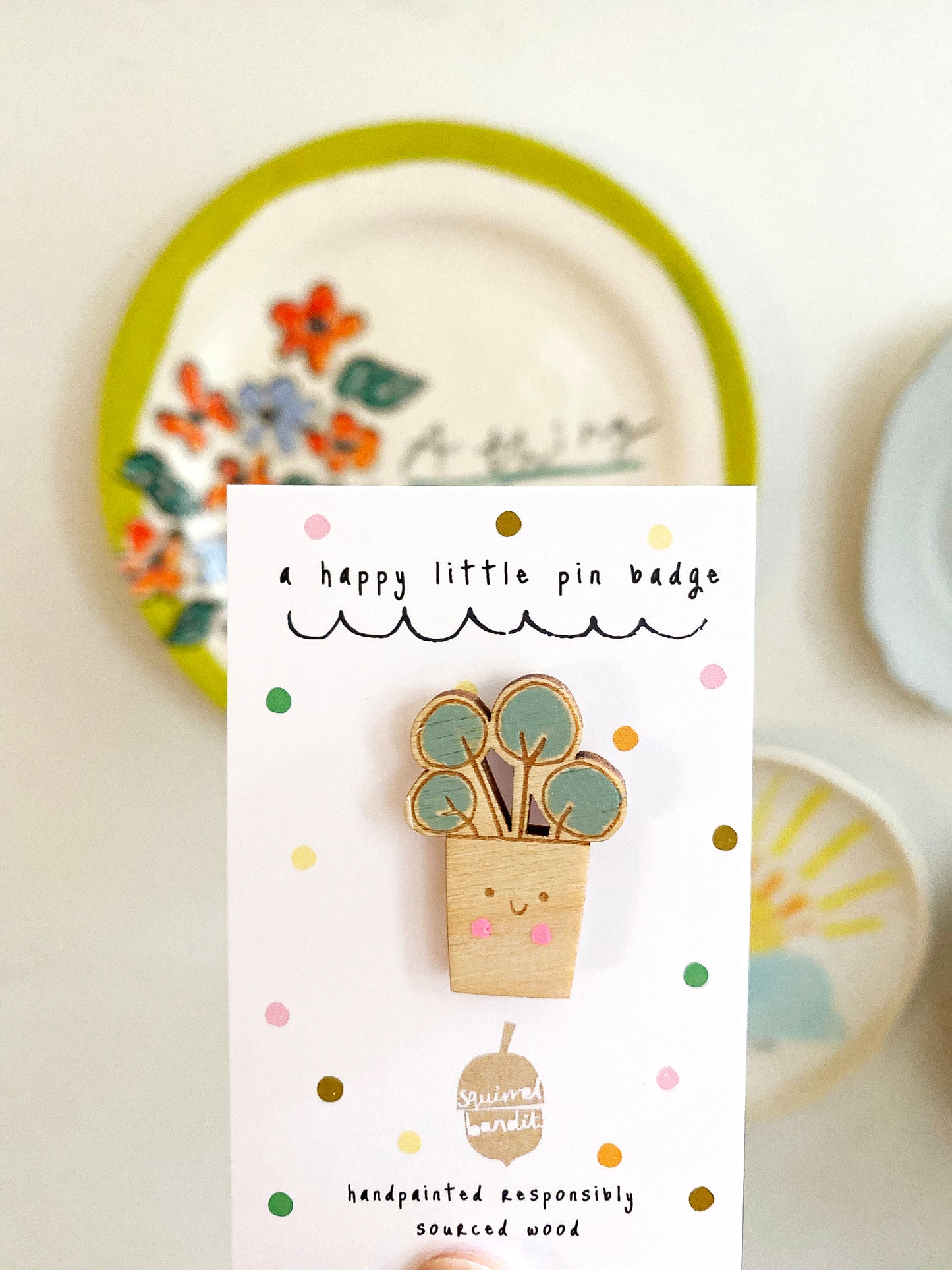 Pilea plant hand painted pin badge