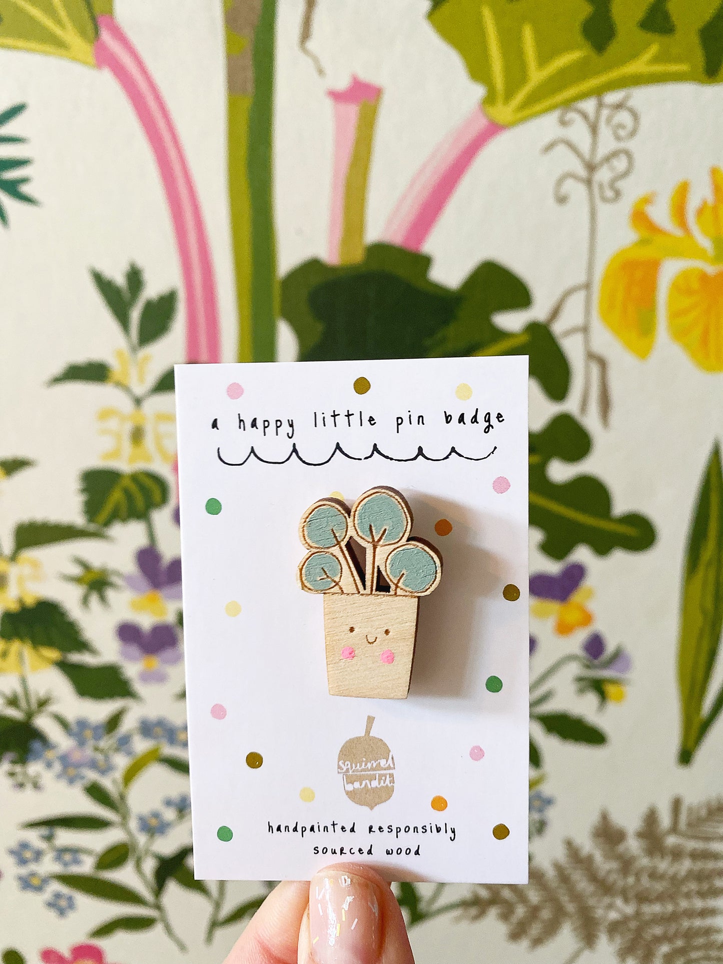 Pilea plant hand painted pin badge