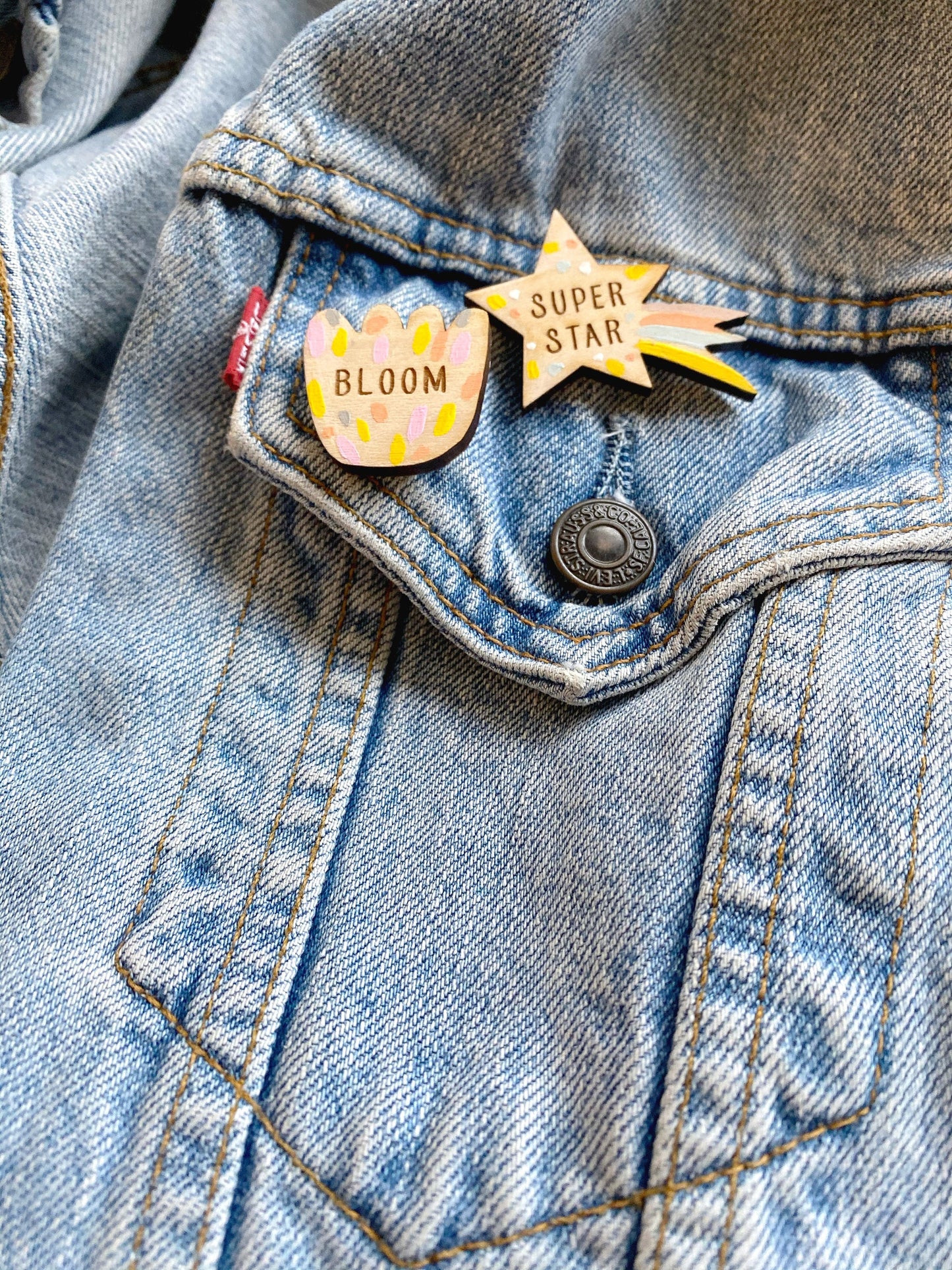 Superstar wooden pin badge