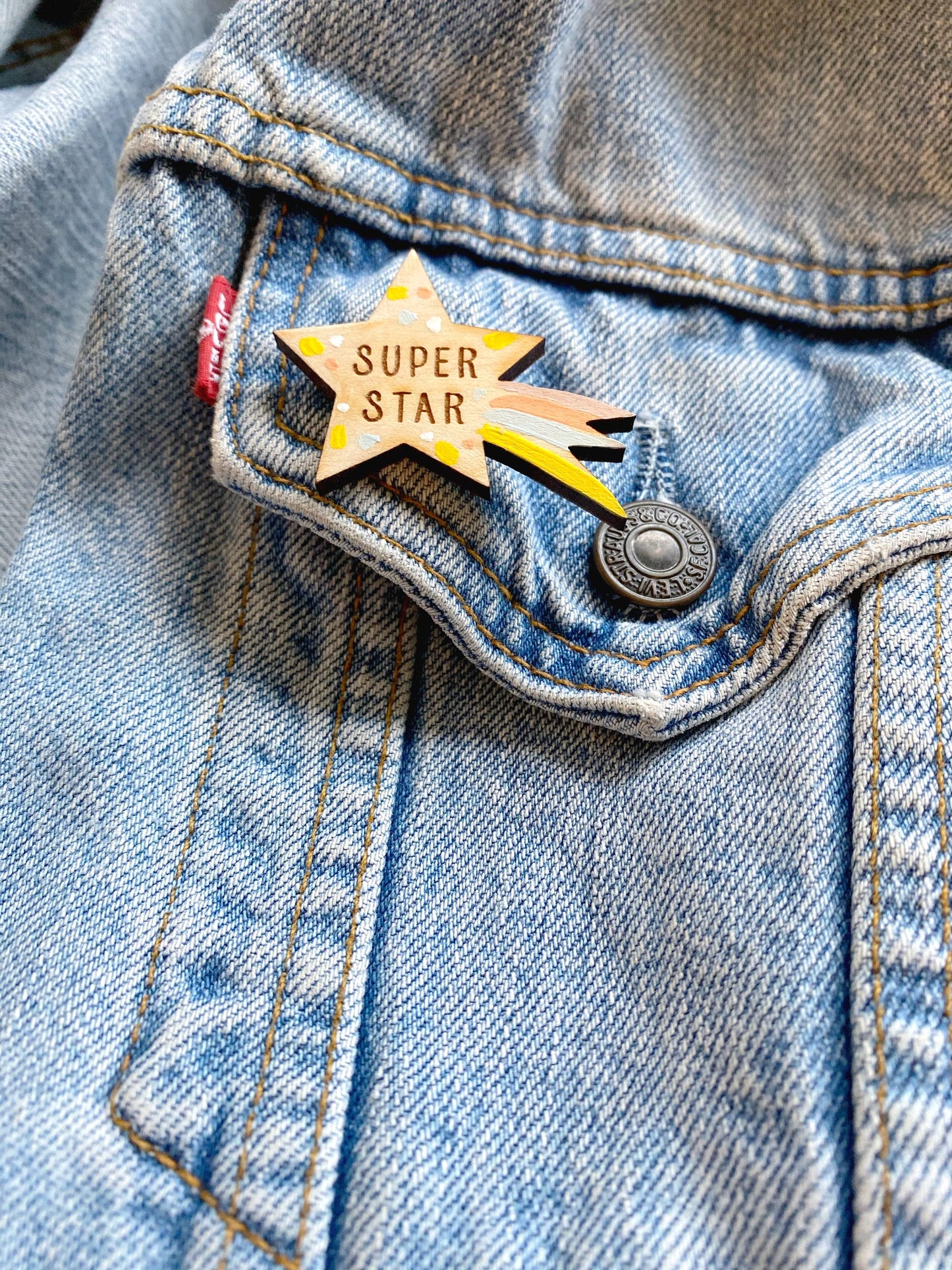 Superstar wooden pin badge