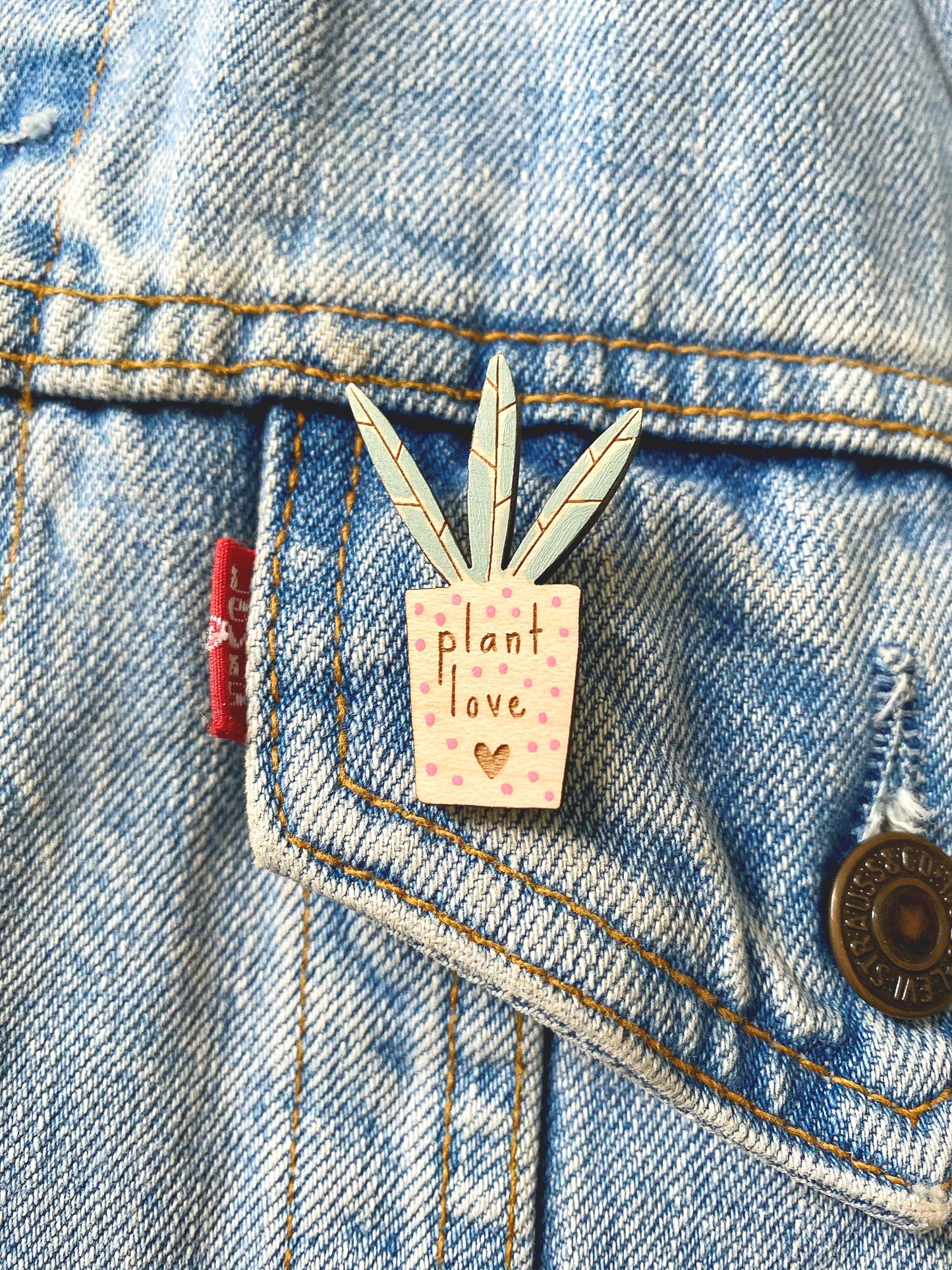Plant love succulent wooden pin badge