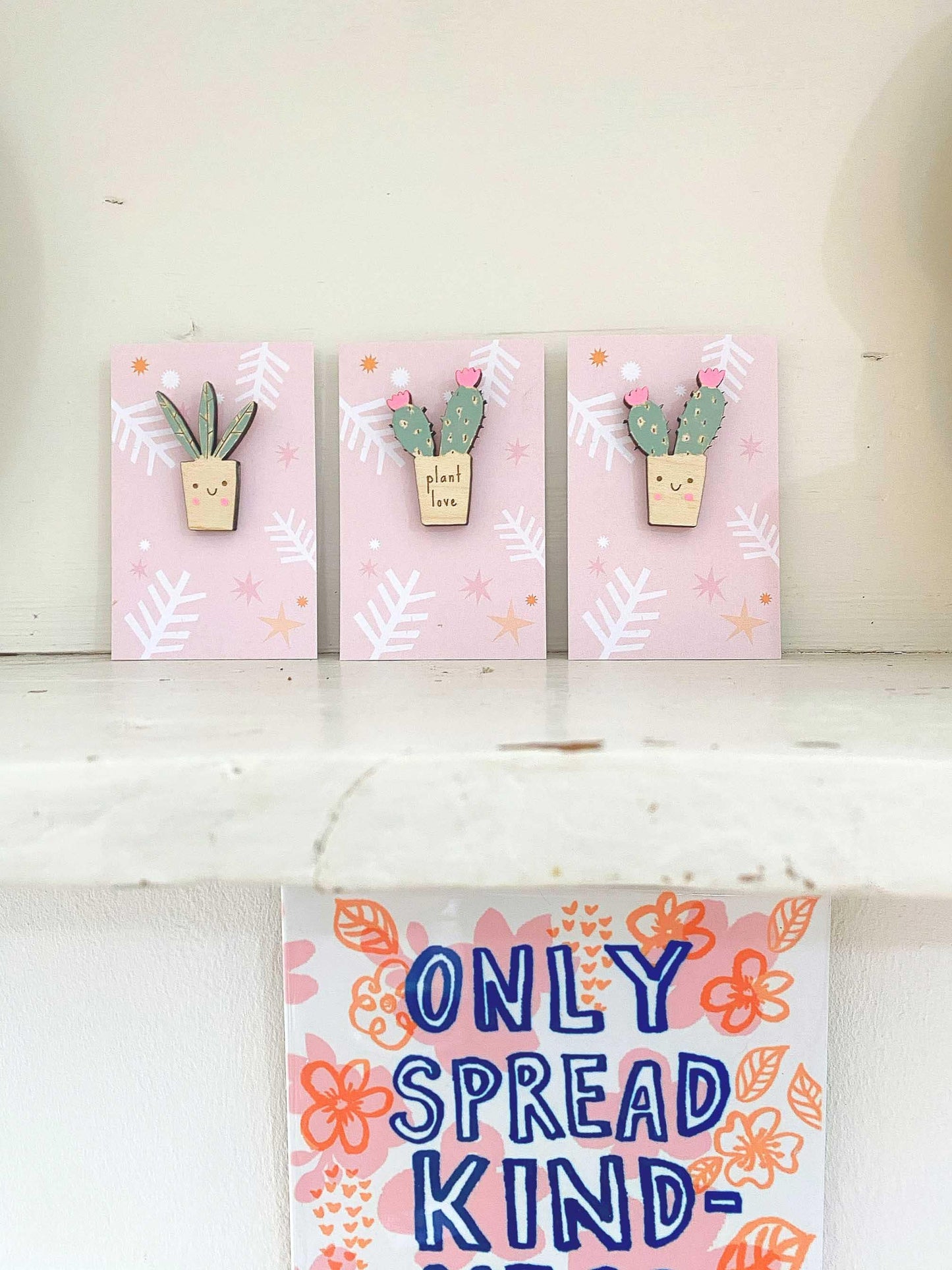 Smiley succulent wooden pin badge