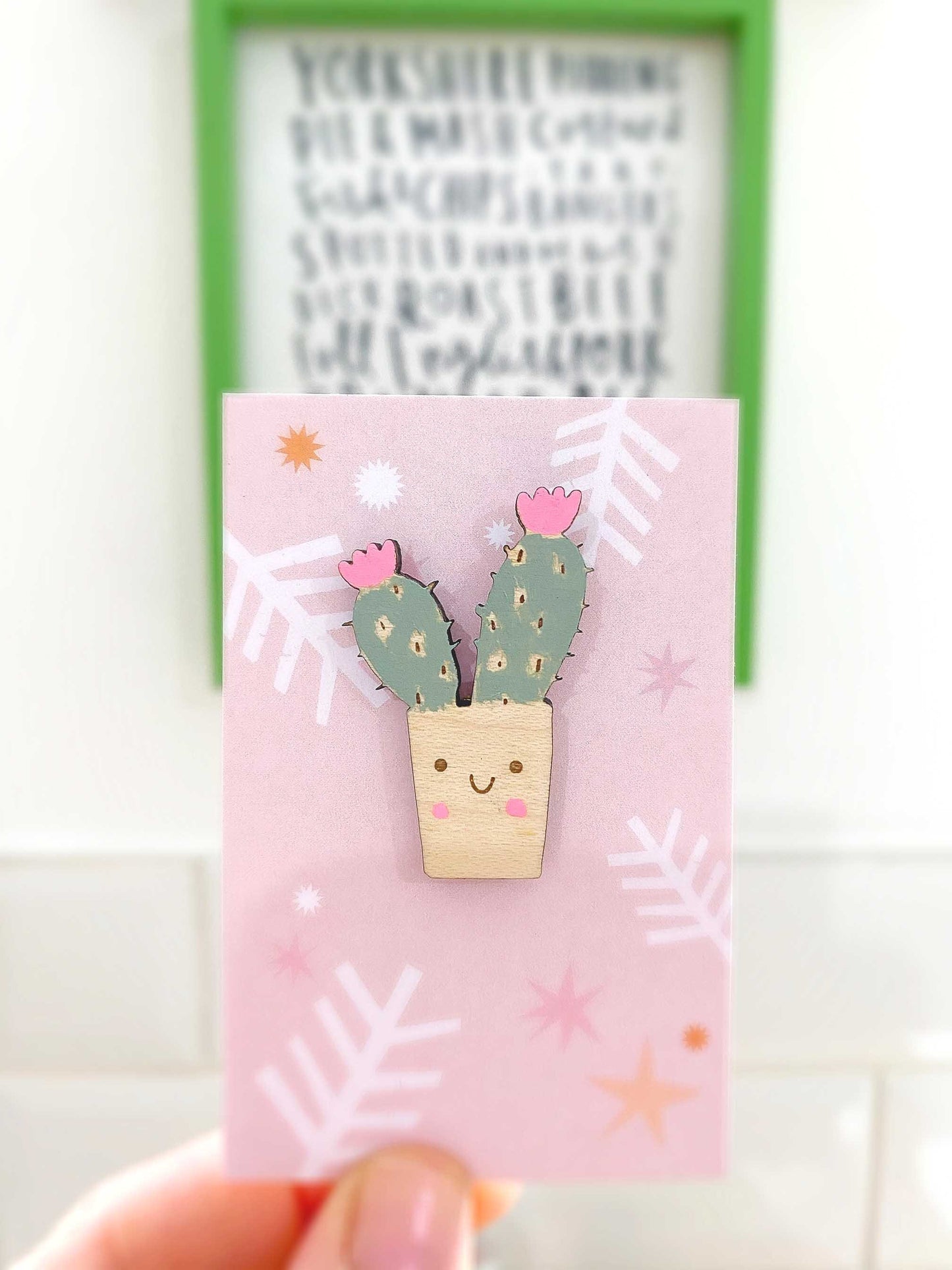 Smiley cactus wooden pin badge