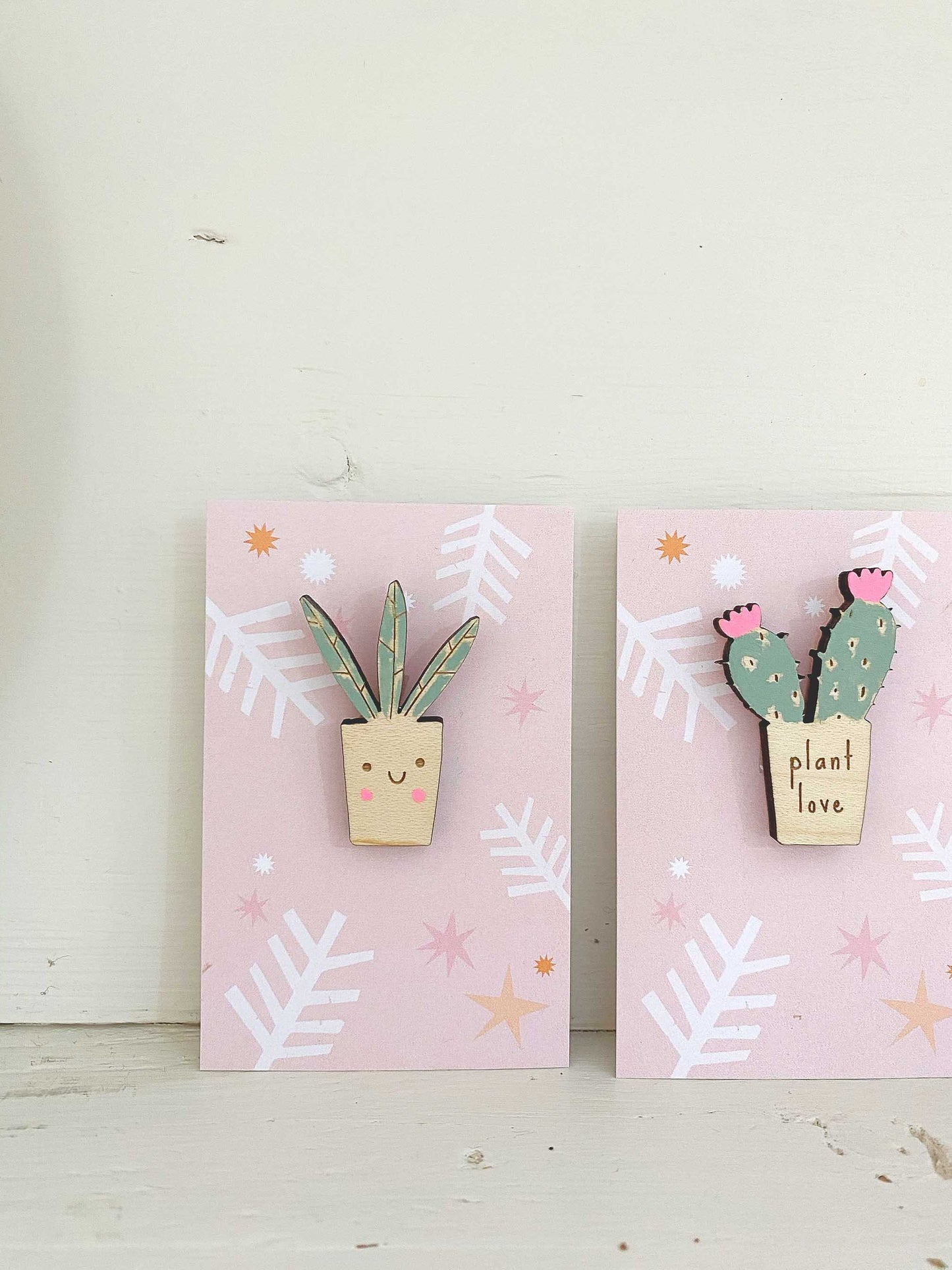 Smiley succulent wooden pin badge