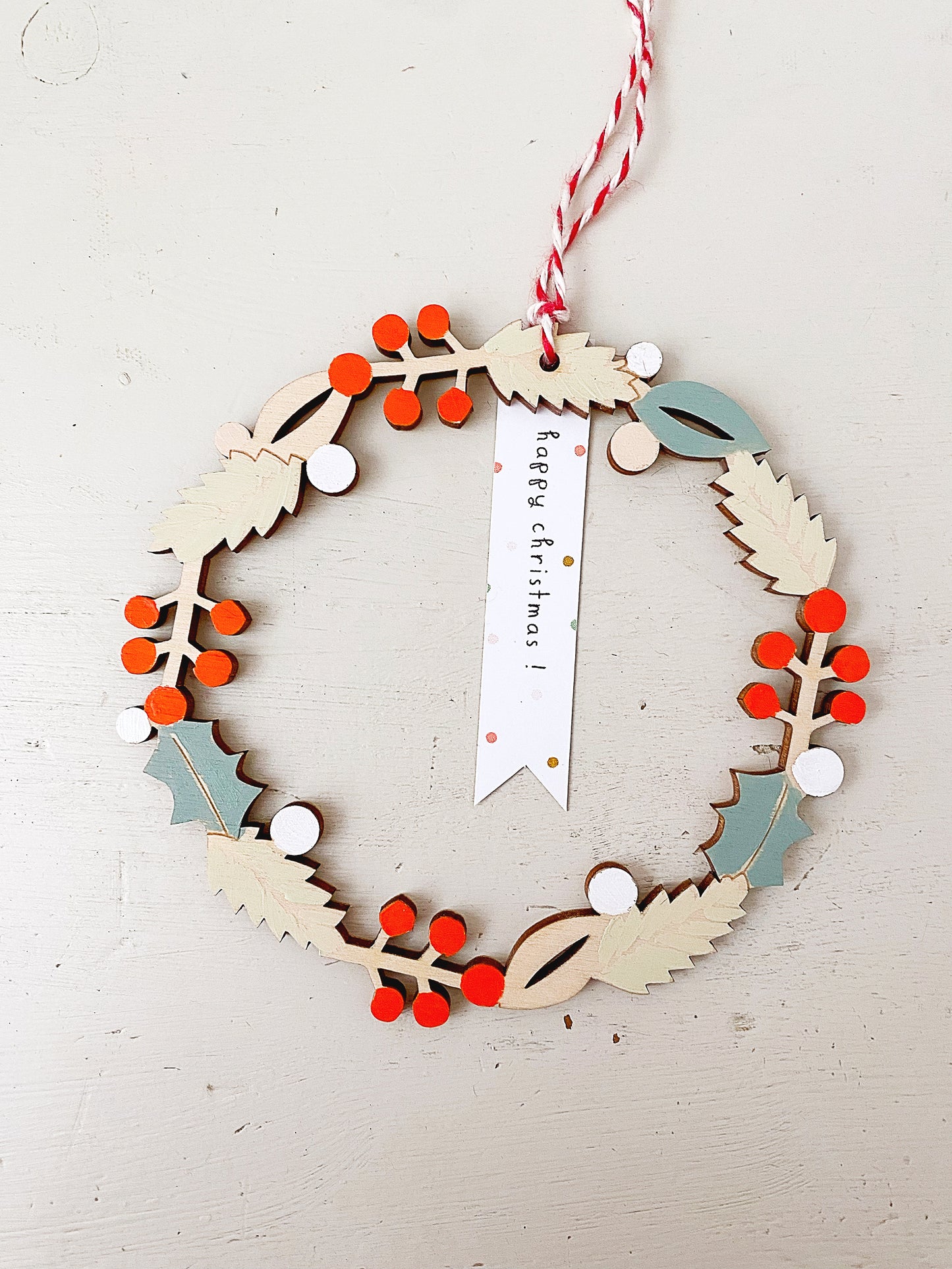 Christmas wreath decoration. Hand-painted eco-friendly wooden keepsake.