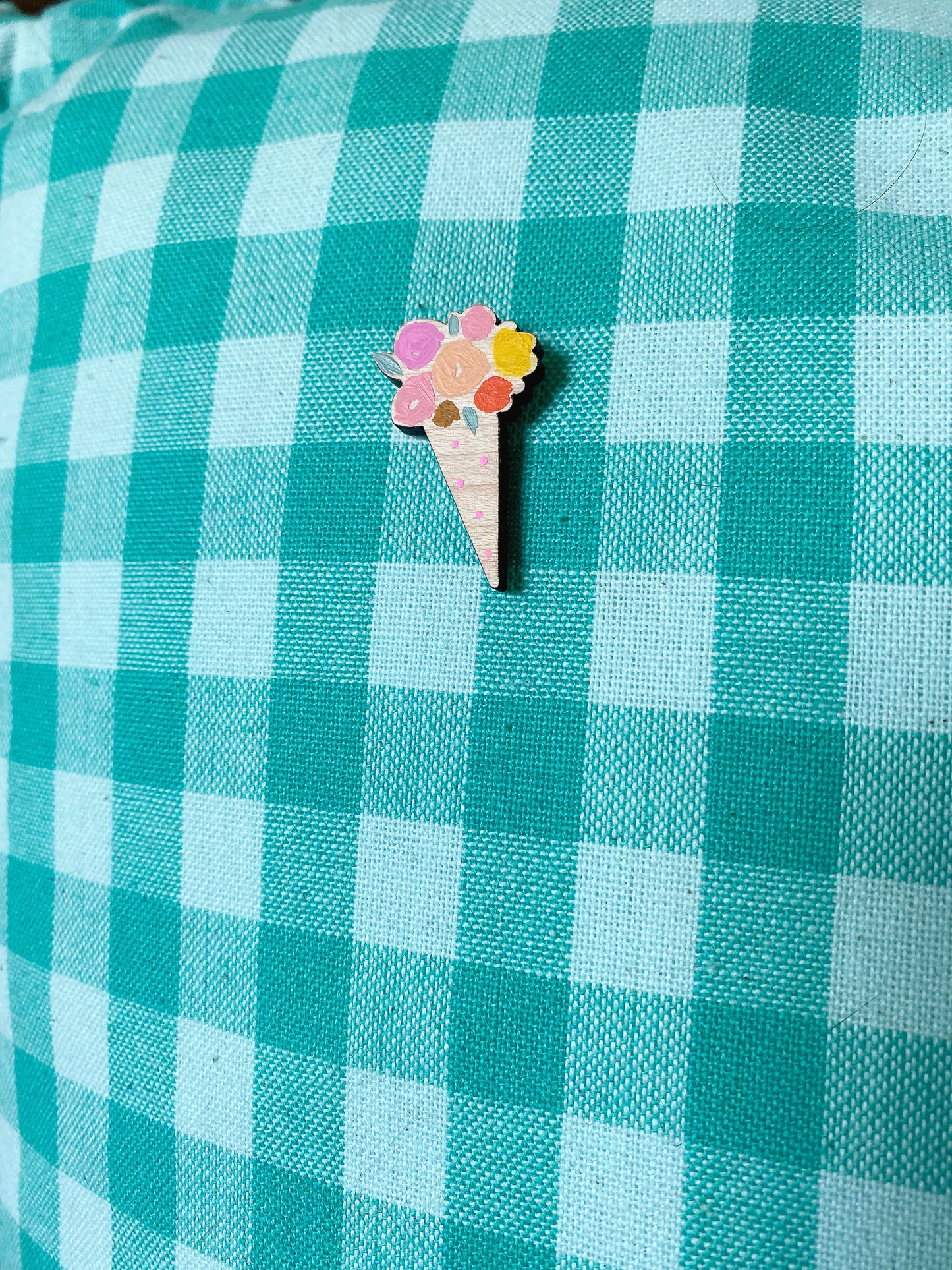 Floral bouquet handpainted wooden pin badge