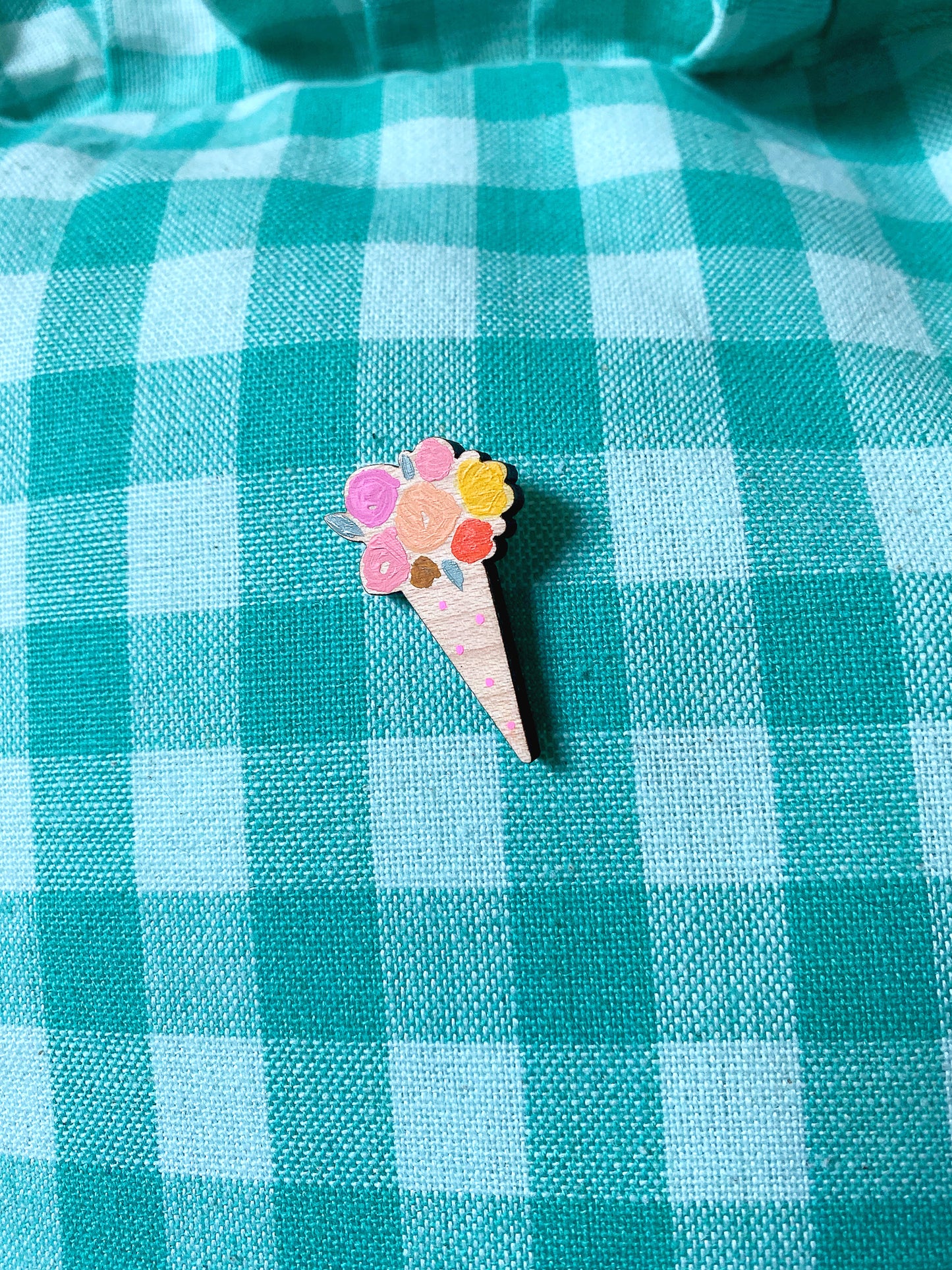 Floral bouquet handpainted wooden pin badge