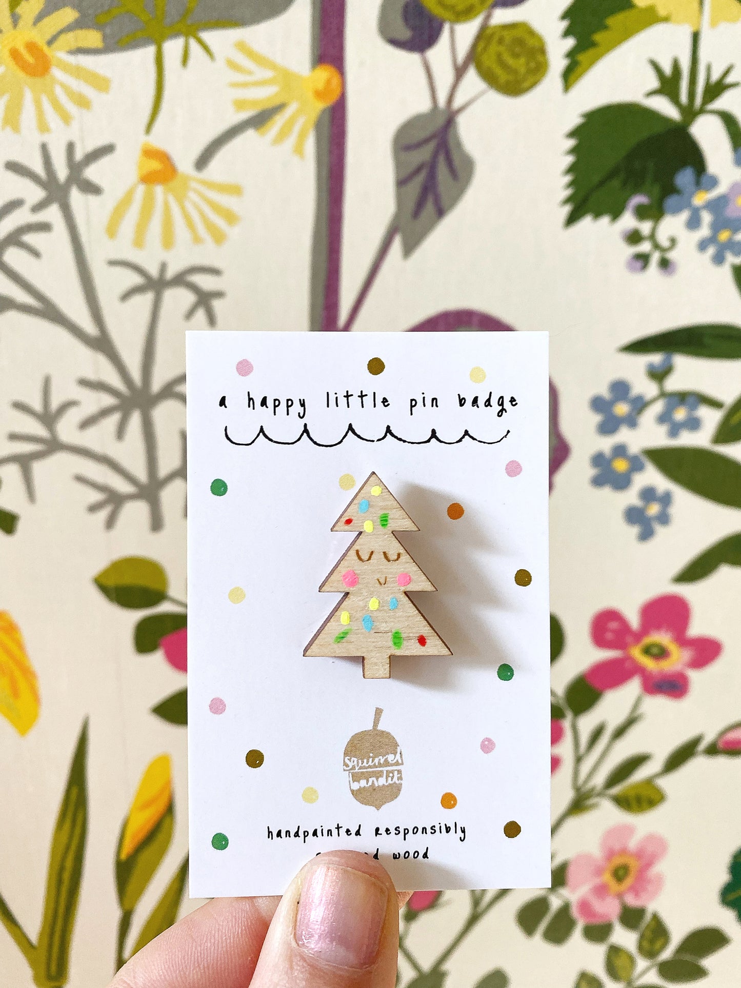 Wooden pin badge smiley handpainted christmas tree