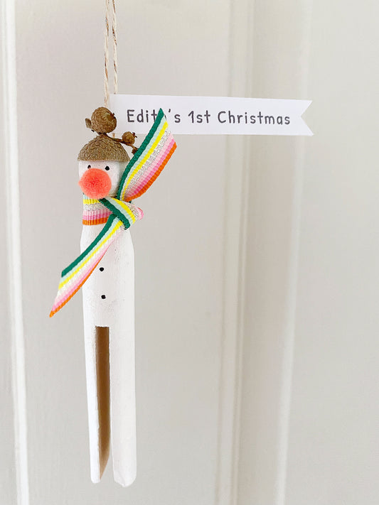 Handpainted wooden snowman peg christmas decoration