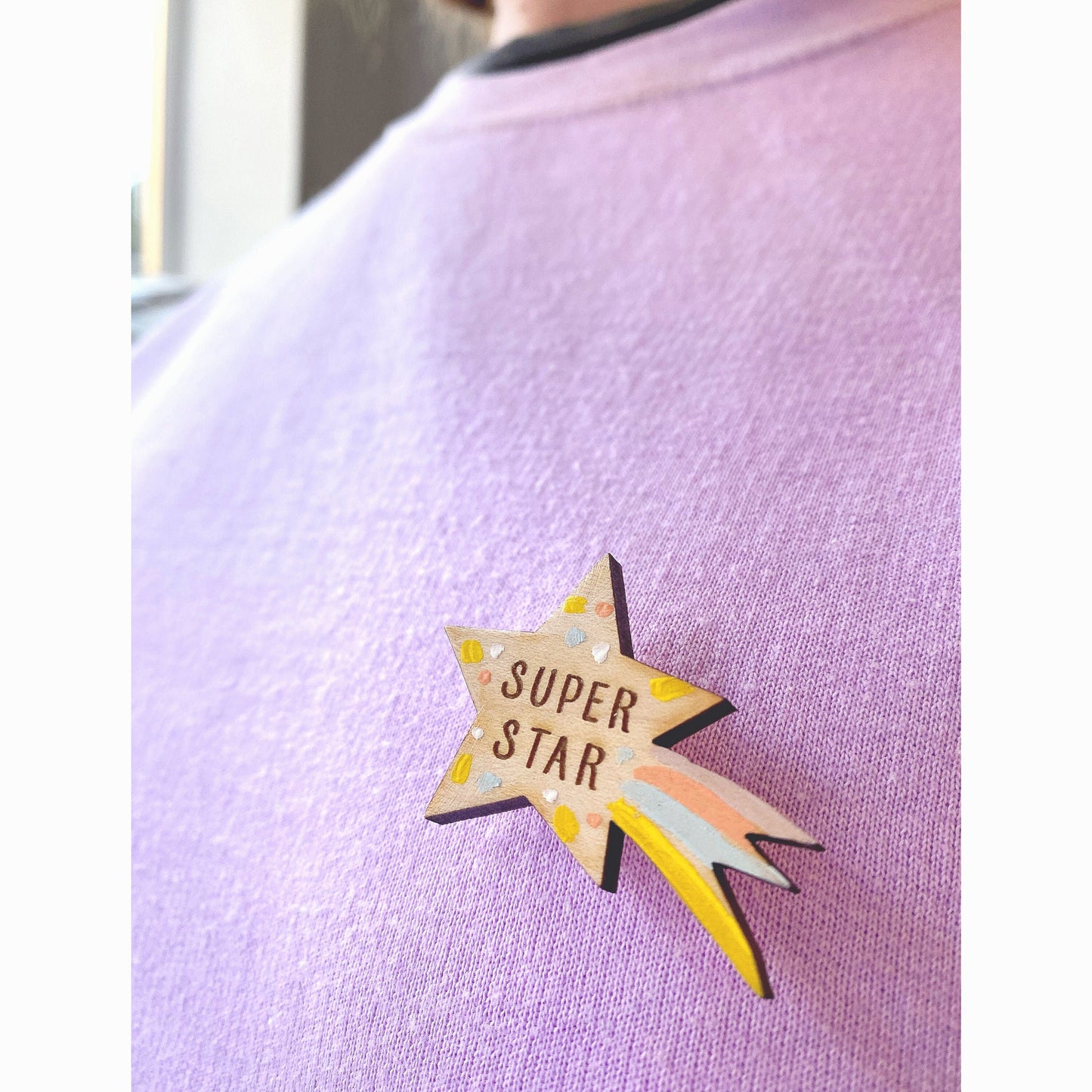 Superstar wooden pin badge