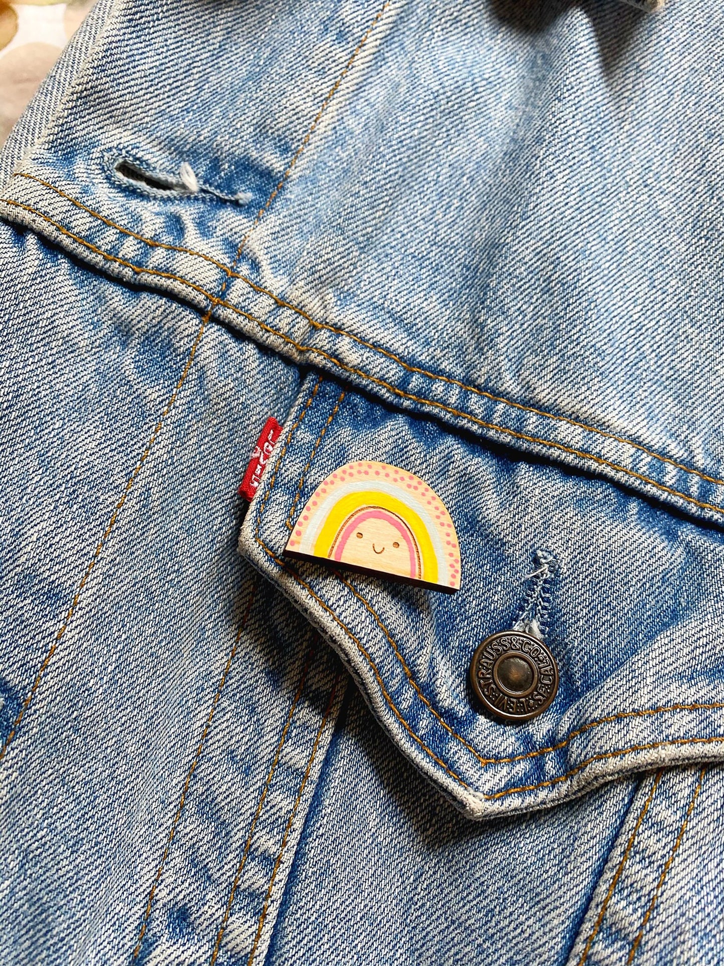 Rainbow wooden pin badge