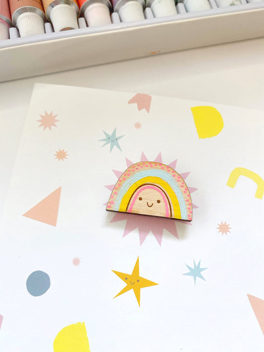 Rainbow wooden pin badge