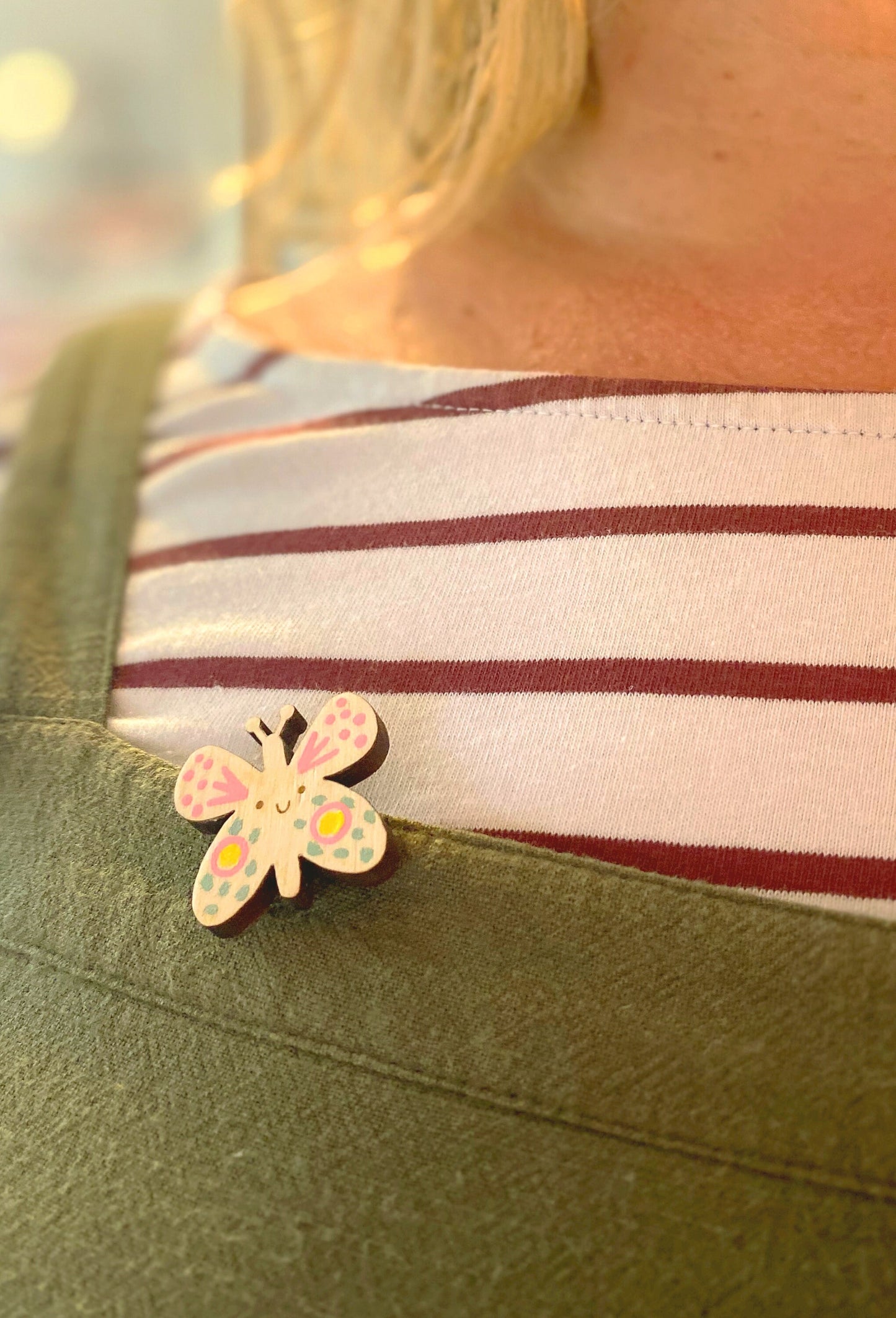 Butterfly hand-painted wooden pin badge