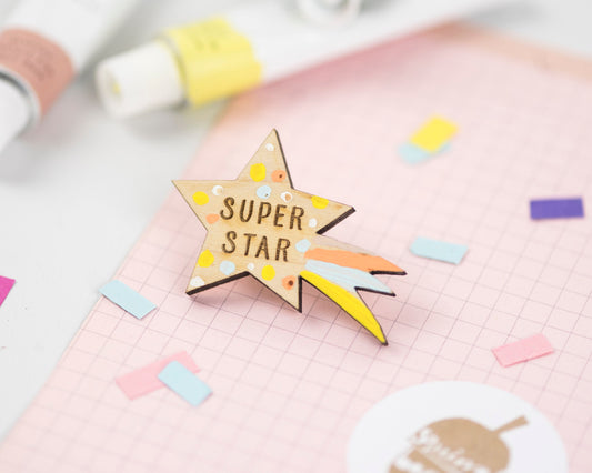 Superstar wooden pin badge