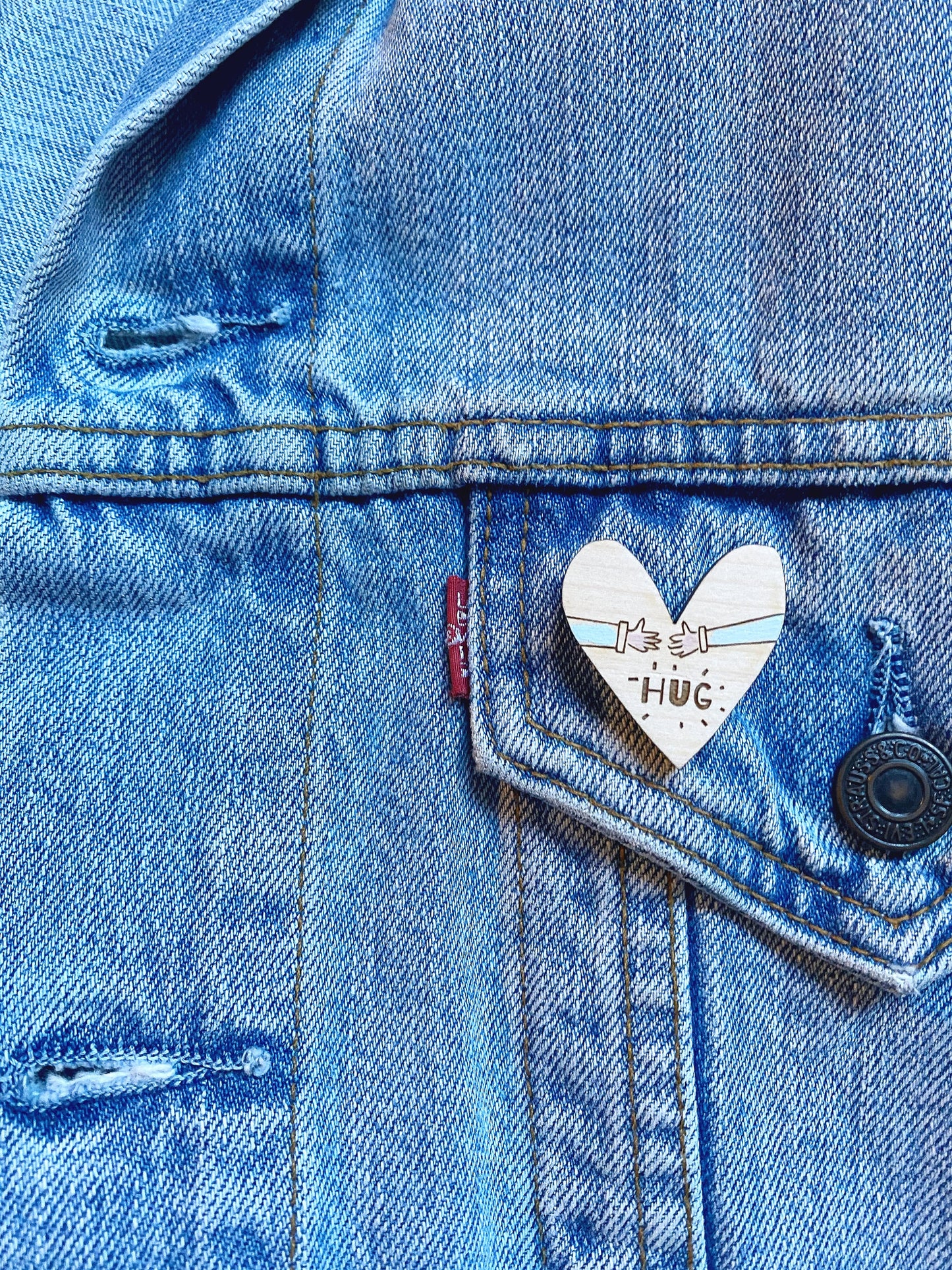 Hug heart hand-painted wooden pin badge