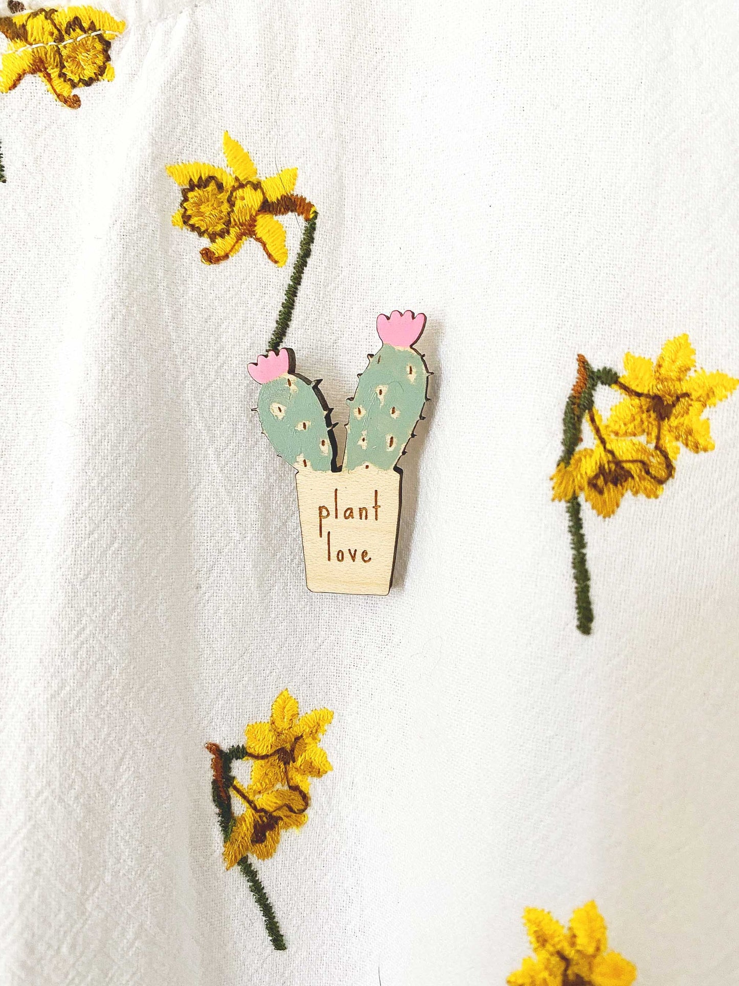 Hand-painted plant love cactus wooden pin badge
