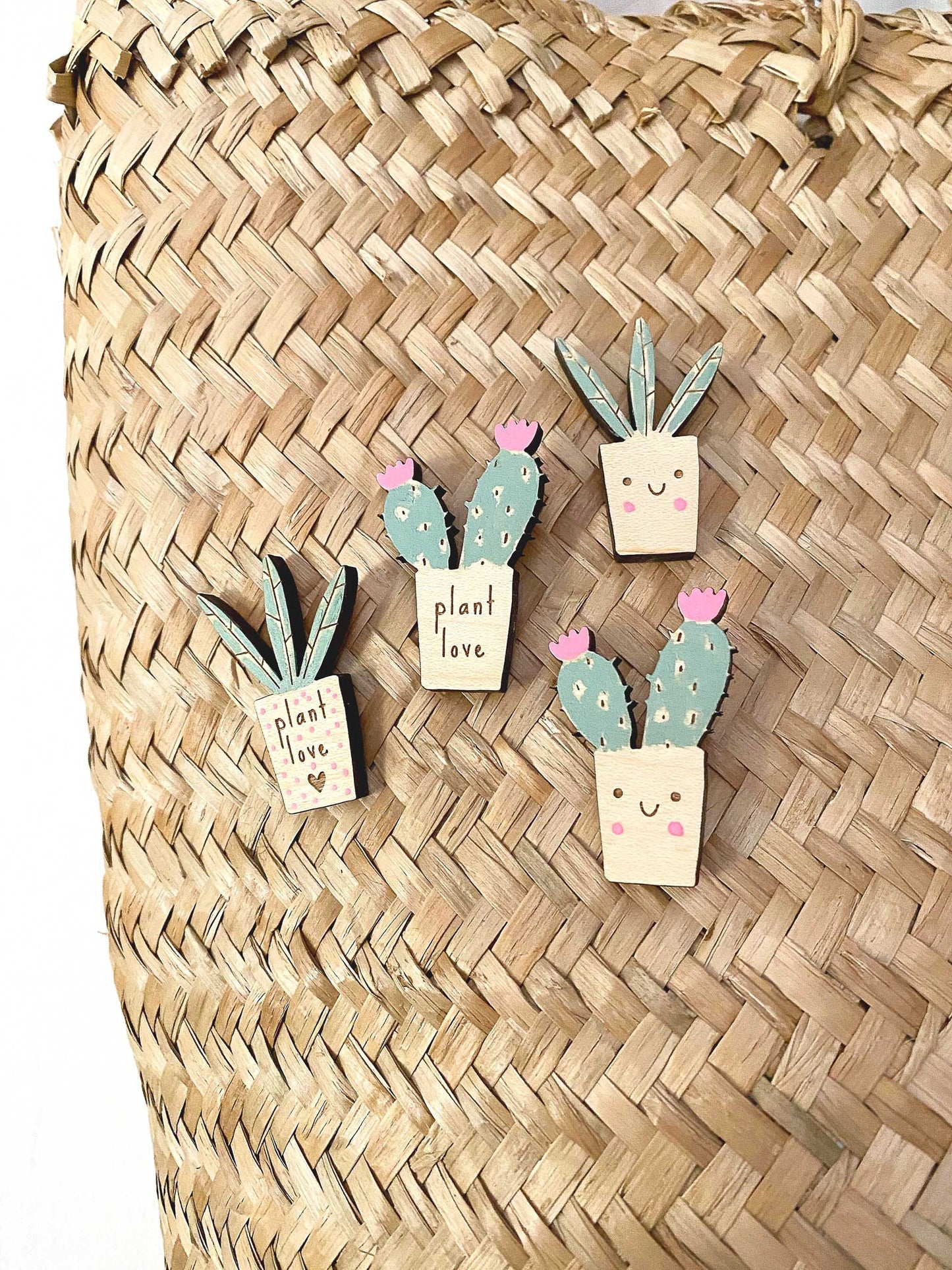 Hand-painted plant love cactus wooden pin badge