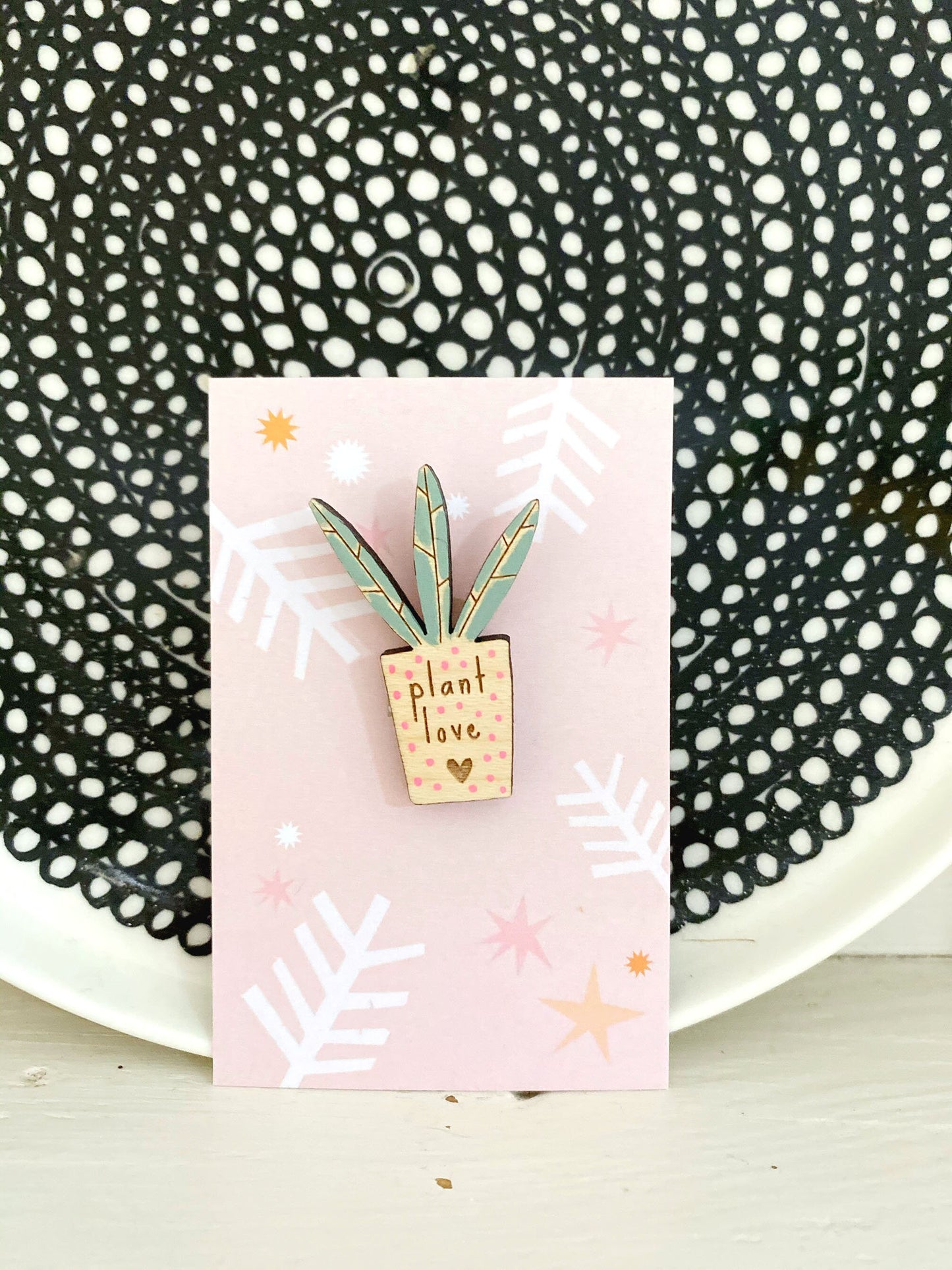 Plant love succulent wooden pin badge