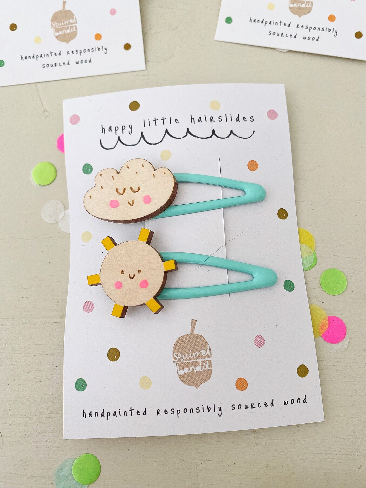 Smiley sunshine and cloud handpainted wooden hairclips