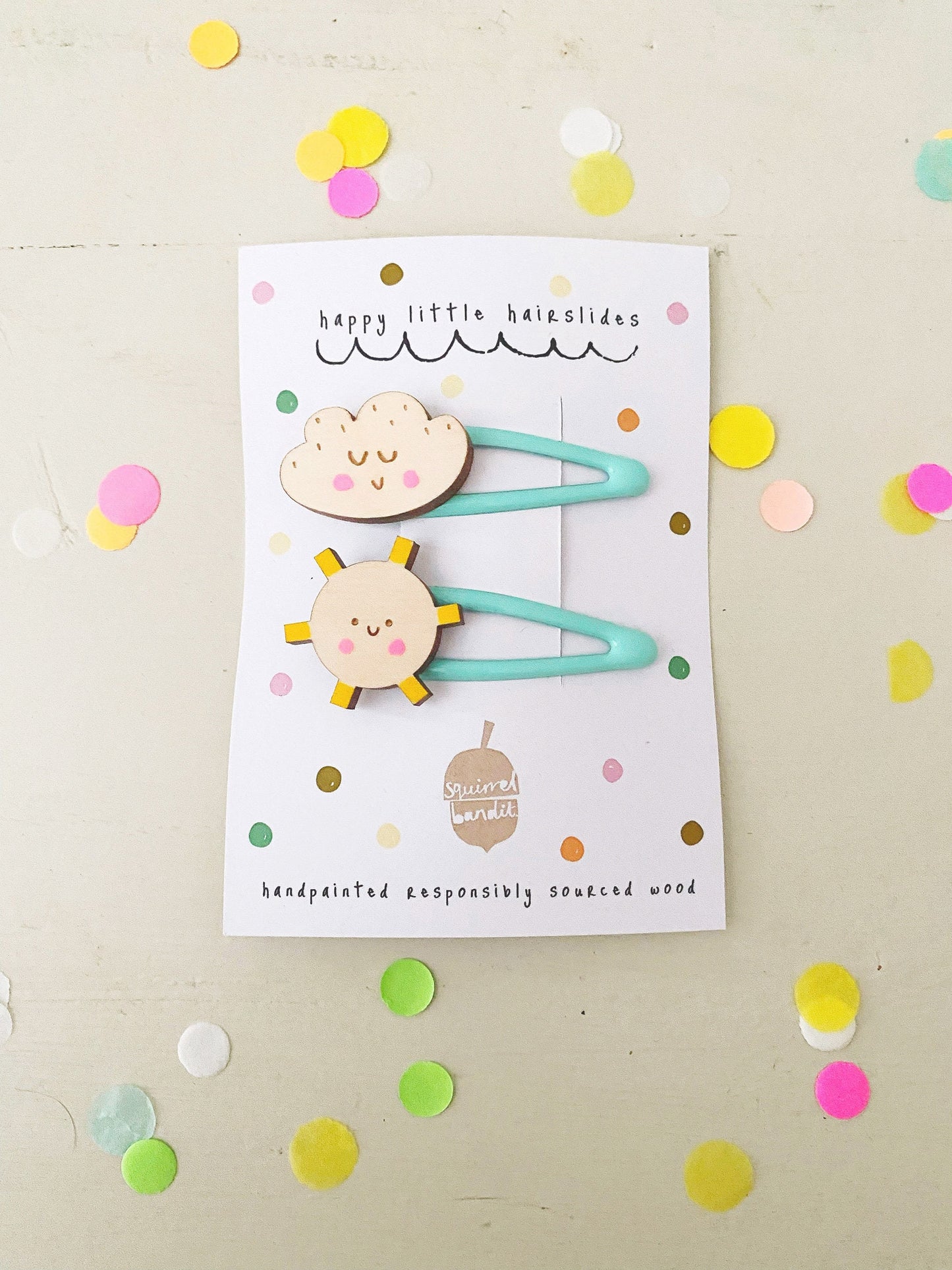 Smiley sunshine and cloud handpainted wooden hairclips